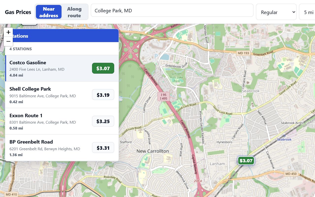 Gas Prices Finder showing nearby stations ranked by price on a map