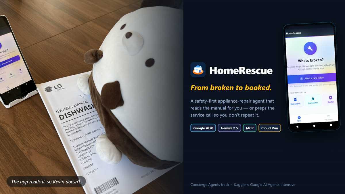 HomeRescue cover art: the app’s What’s-broken screen, a plush mascot reading an appliance manual, and Google ADK, Gemini 2.5, MCP, and Cloud Run tech badges